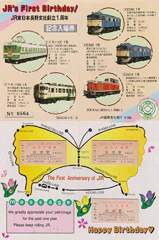 鉄道切符：「JR東日本長野支社創立1周年」記念入場券